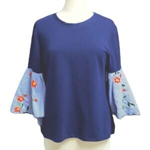 Camille & Co. Navy Embroidery Bell Sleeve Top